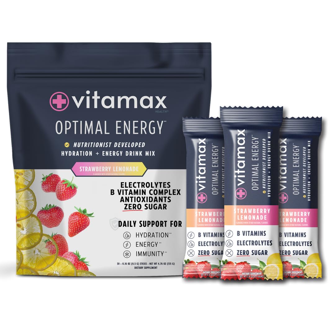 Vitamax Health Optimal Energy strawberry lemonade stick pack for portable hydration.