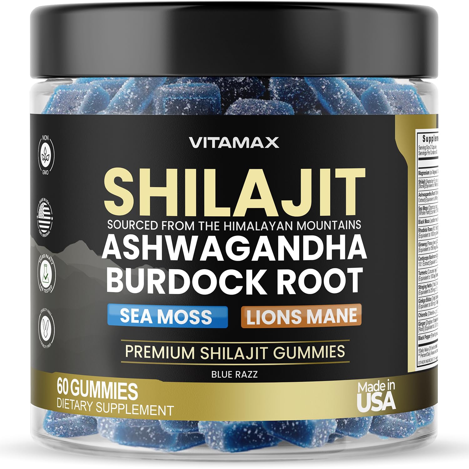 Vitamax Organic Shilajit Gummies Blue Razz bottle highlights convenient energy support.