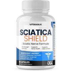Vitamax Sciatica Shield bottle front for daily nerve support.