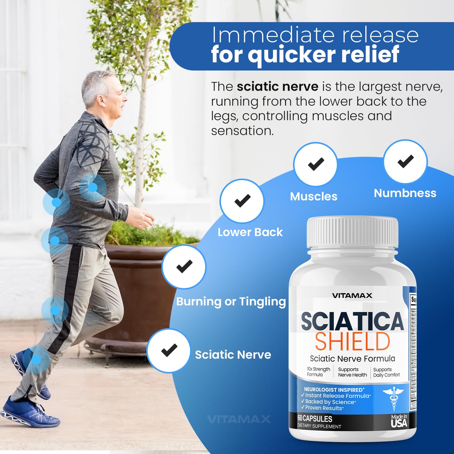 Vitamax Sciatica Shield bottle side shows ingredients and serving guidance for daily nerve support.