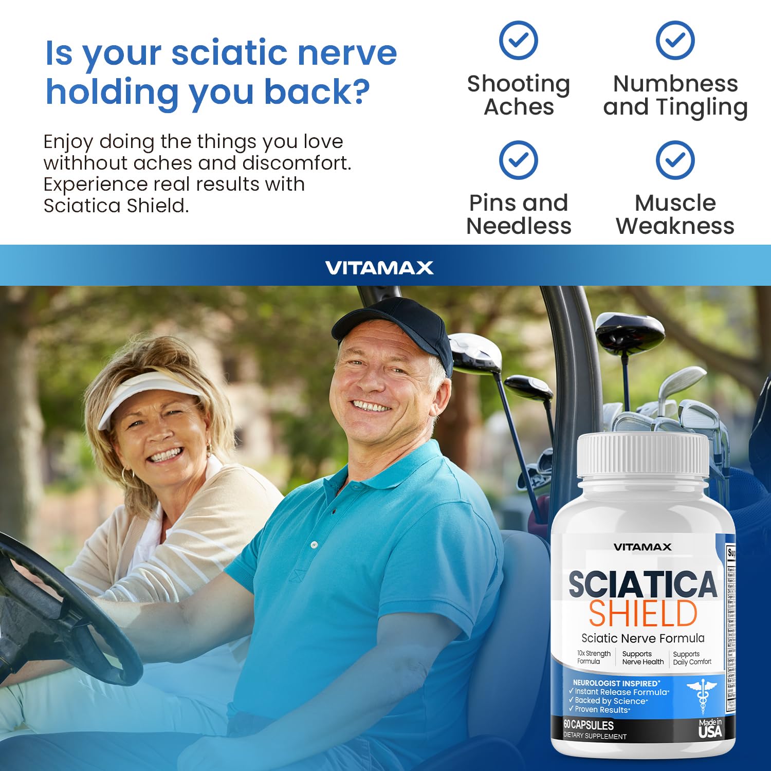 Vitamax Sciatica Shield label and packaging highlighting USA-made quality.