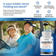 Vitamax Sciatica Shield label and packaging highlighting USA-made quality.
