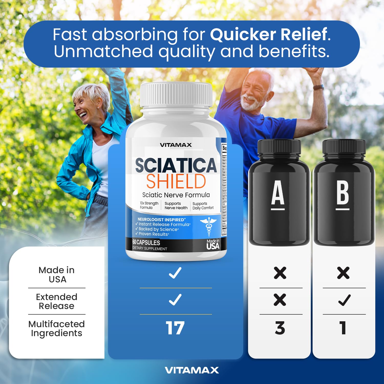 Vitamax Sciatica Shield bottle in a lifestyle scene signaling support for an active lifestyle.