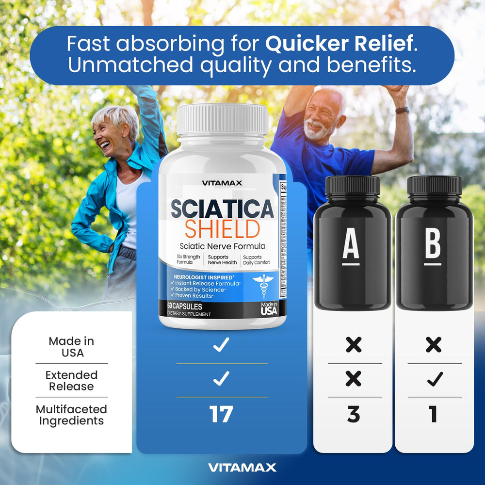 Vitamax Sciatica Shield bottle in a lifestyle scene signaling support for an active lifestyle.