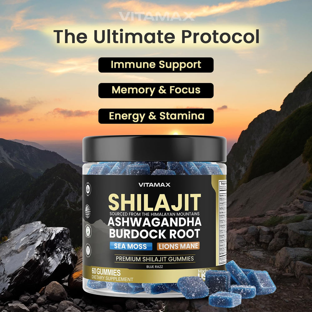 Vitamax Shilajit Gummies ingredient panel shows minerals for daily wellness.