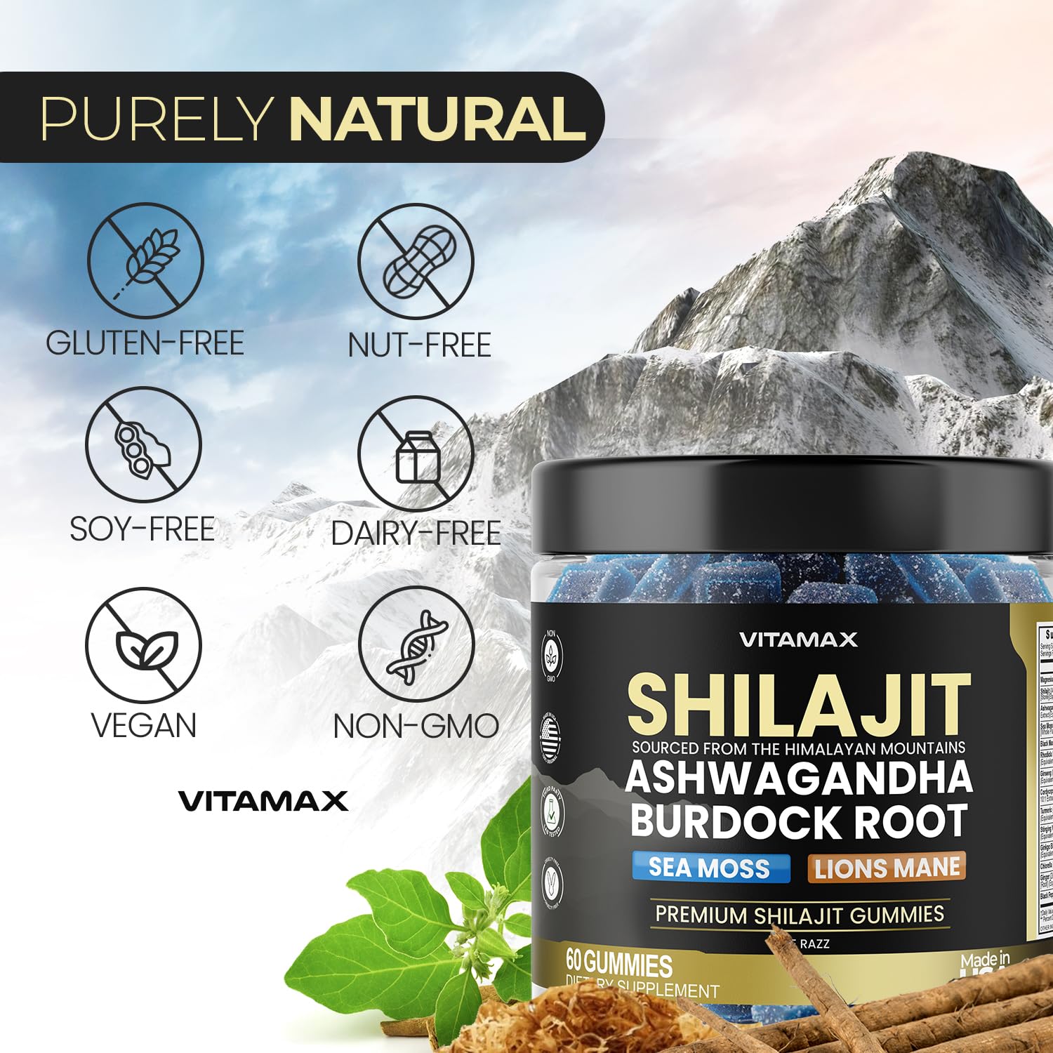 Vitamax Gummies featuring Sea Moss and Lions Mane illustrate natural botanicals.