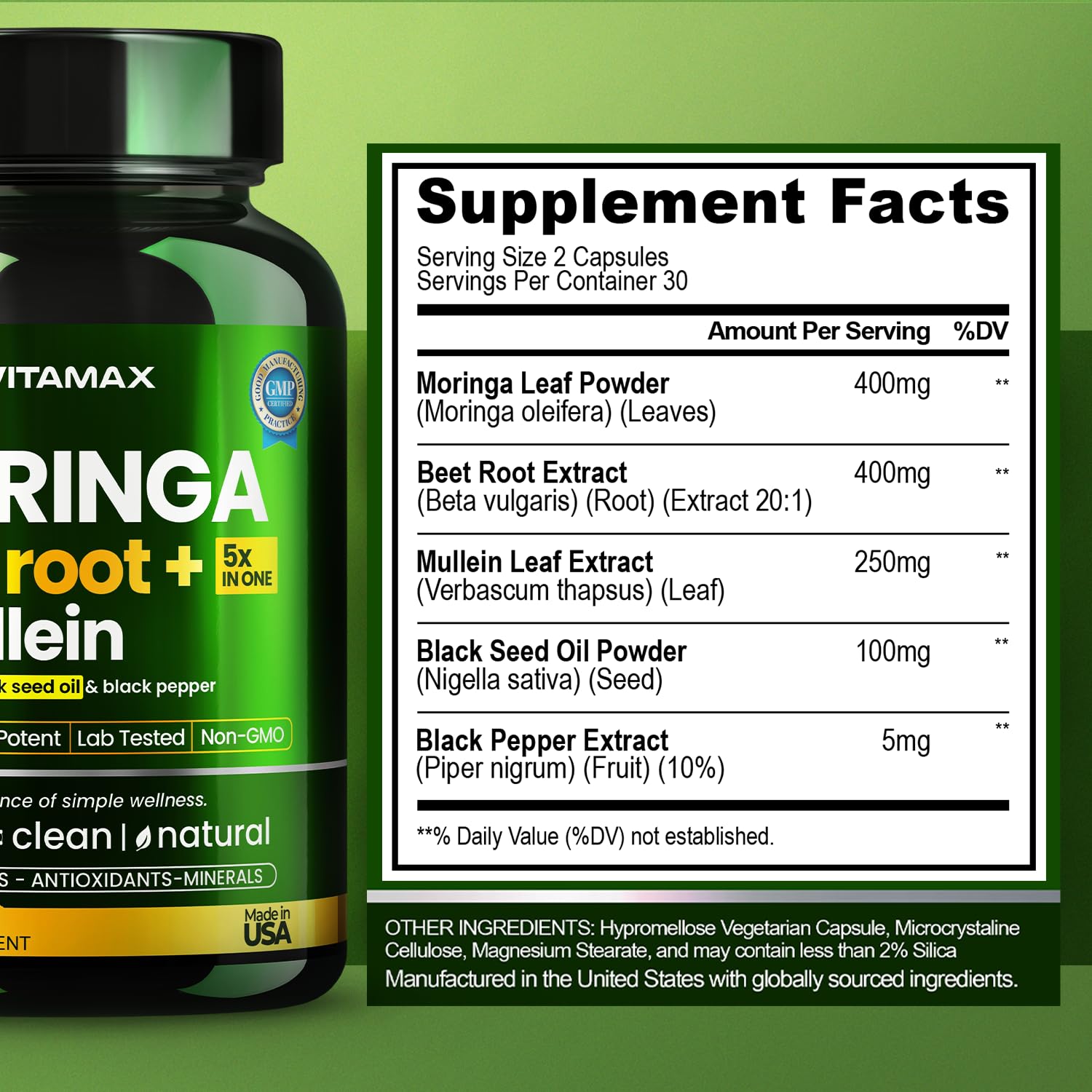 Vitamax Vegan and Non-GMO label beside the capsules.