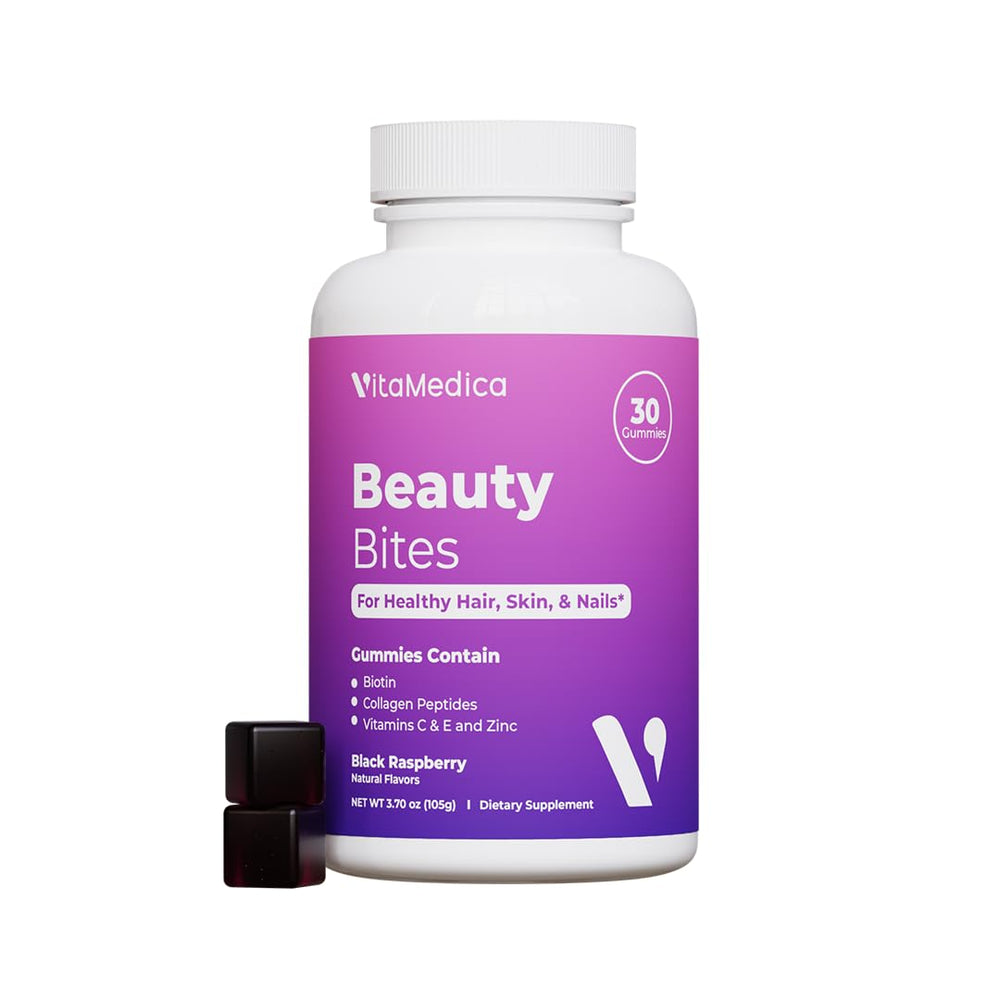 VitaMedica Beauty Bites bottle with gummies pouring for a convenient daily boost.
