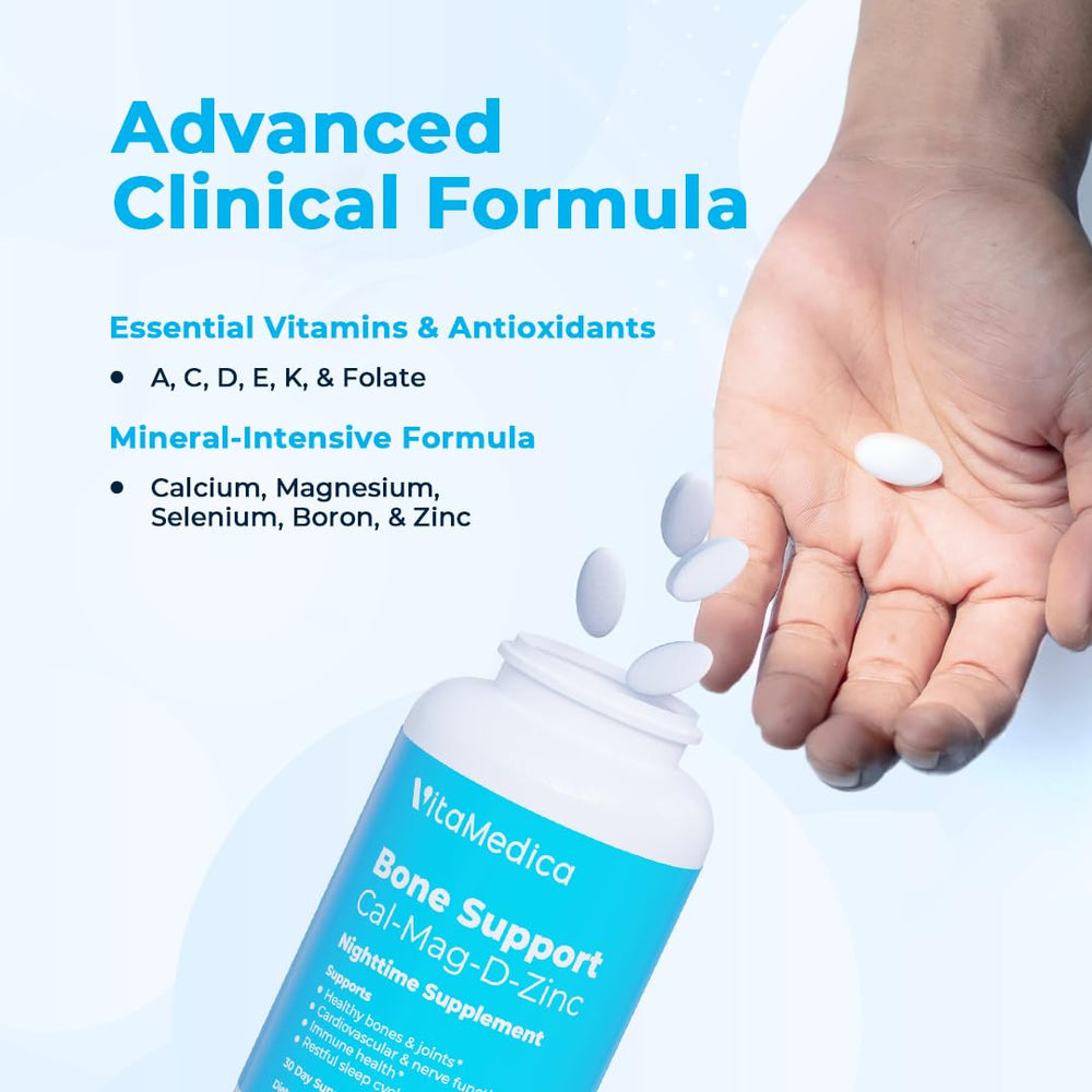 VitaMedica Bone Support label close-up reveals D3 and K for balanced nutrition.