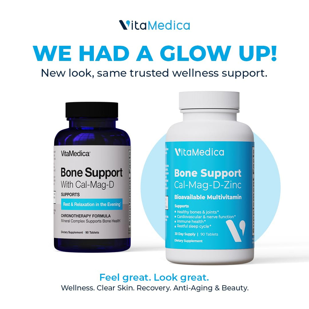 VitaMedica Bone Support tablets close-up highlights calcium and magnesium for joint health.