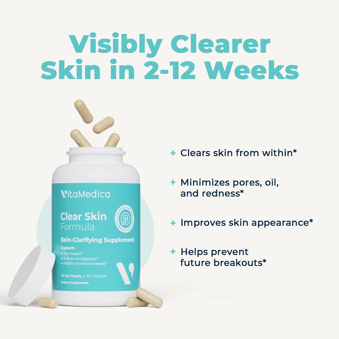 VitaMedica Clear Skin infographic highlights zinc, vitamin C, and selenium benefits