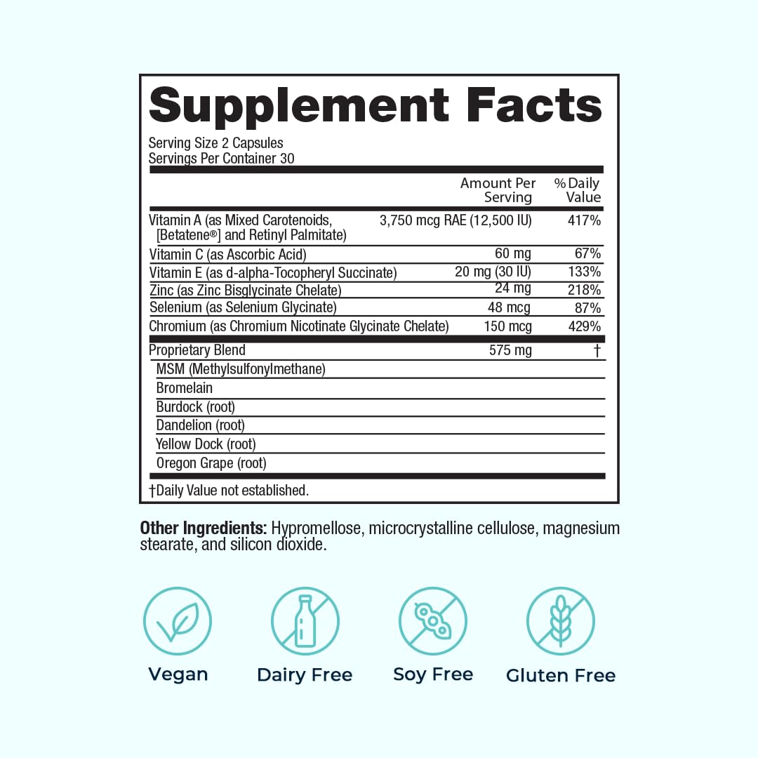 VitaMedica Clear Skin label close-up highlights the vitamin mineral blend