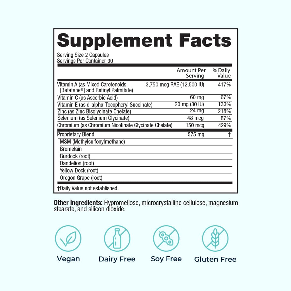 VitaMedica Clear Skin label close-up highlights the vitamin mineral blend