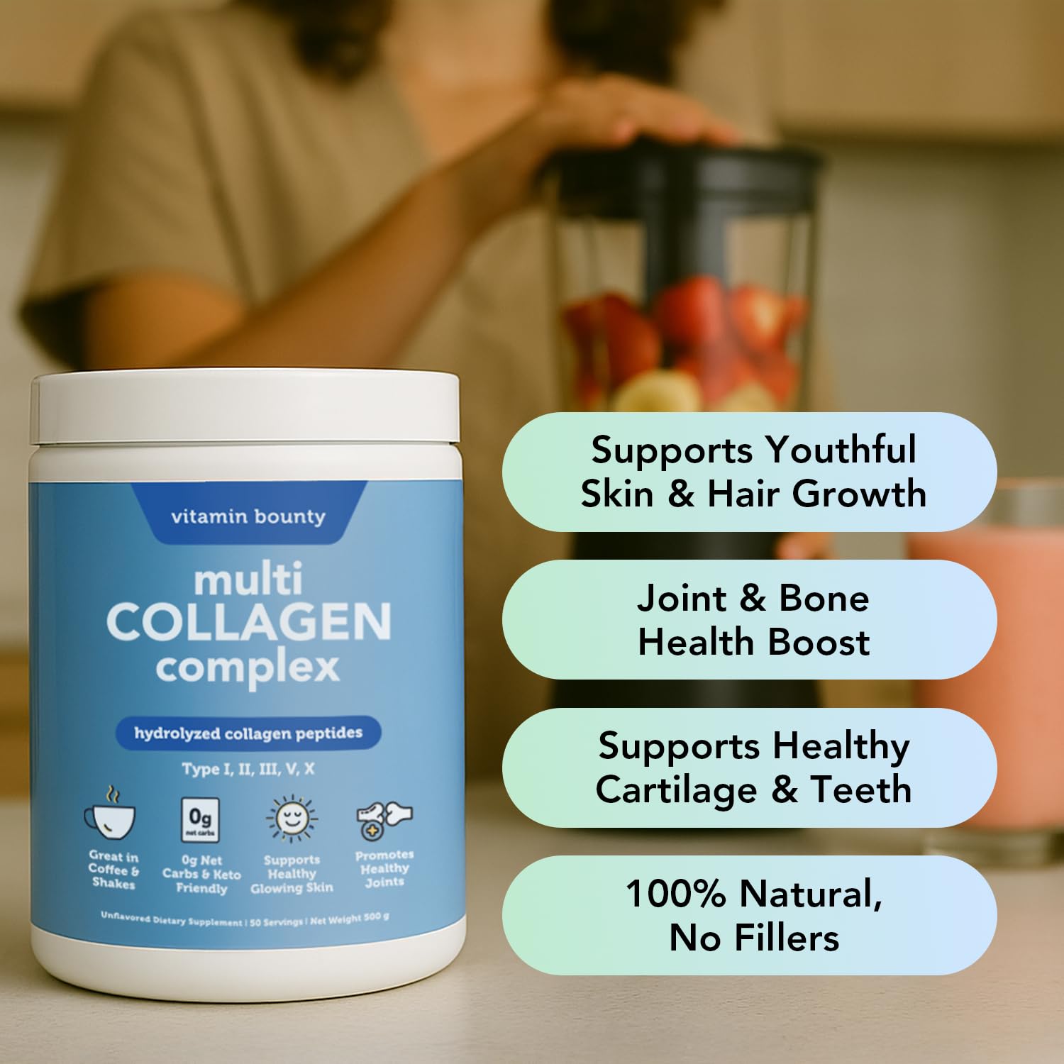 Vitamin Bounty collagen powder scoop demonstrates easy daily mixing for smoothies.