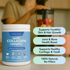 Vitamin Bounty collagen powder scoop demonstrates easy daily mixing for smoothies.
