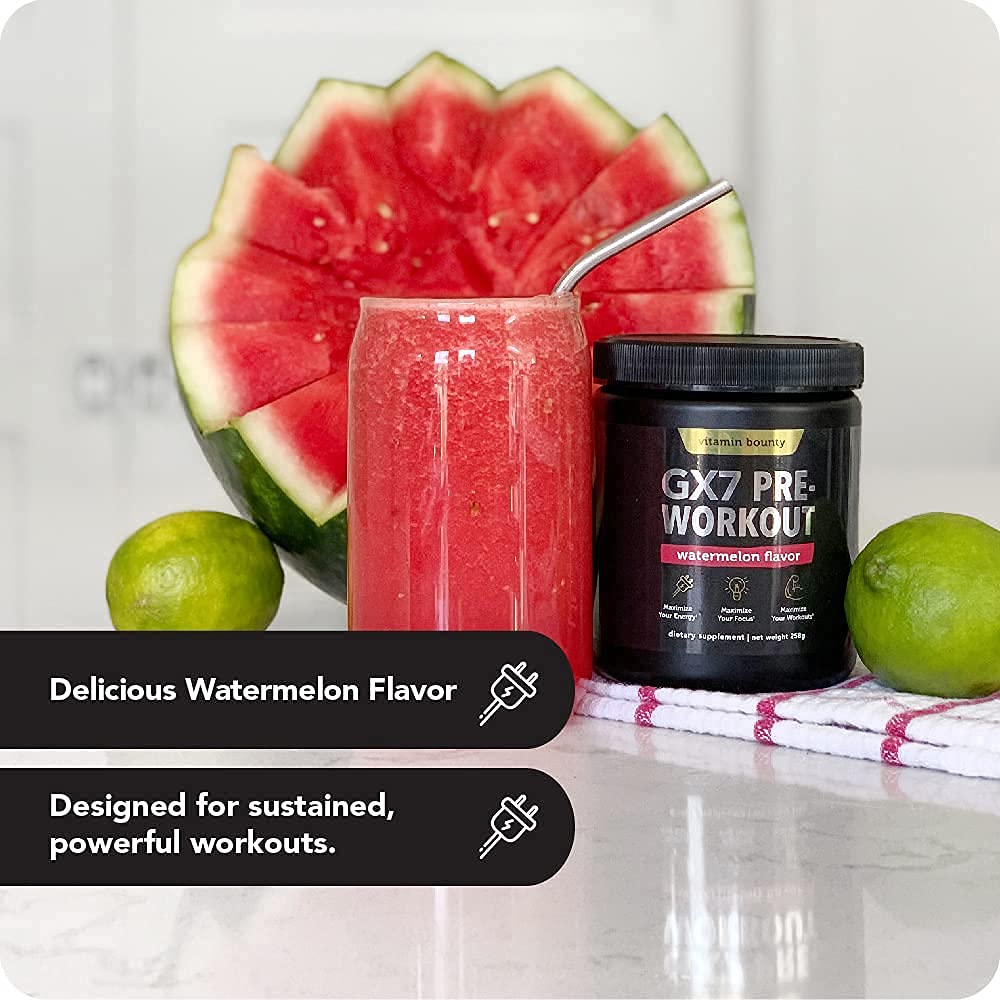 GX7 watermelon flavor powder invites enjoyable pre-workout rituals without sugar.