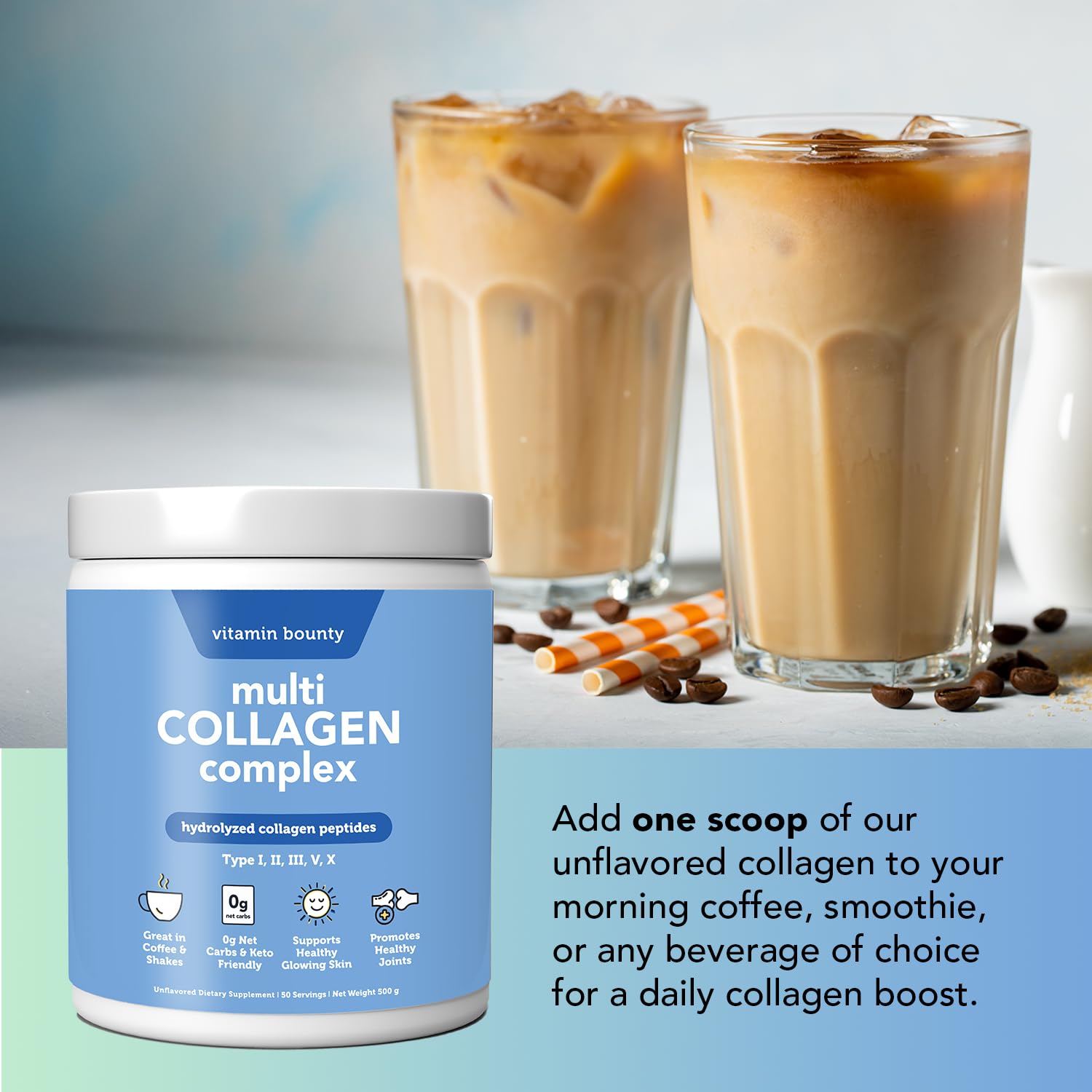Vitamin Bounty label highlights collagen types I–X and non-GMO status.