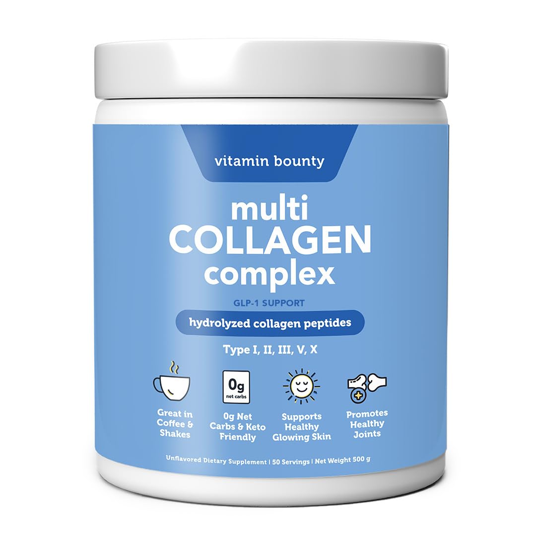 Vitamin Bounty Multi Collagen bottle on shelf highlights premium sourcing for skin and joints.