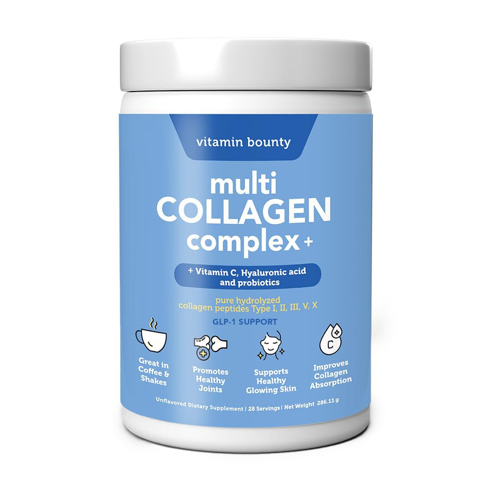 Vitamin Bounty Multi Collagen Peptides powder bottle supports daily skin and joint health.
