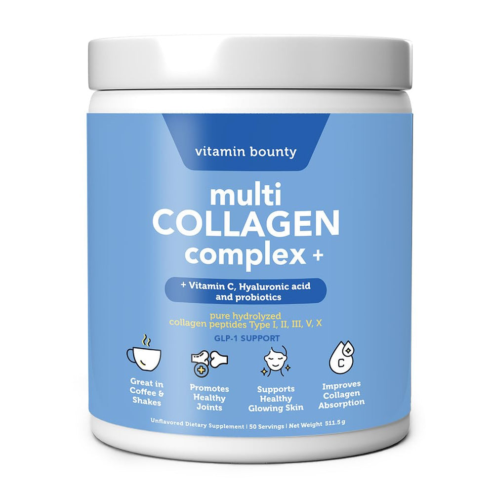 Vitamin Bounty Multi Collagen Powder bottle closeup highlights grass-fed peptides for skin and joints.