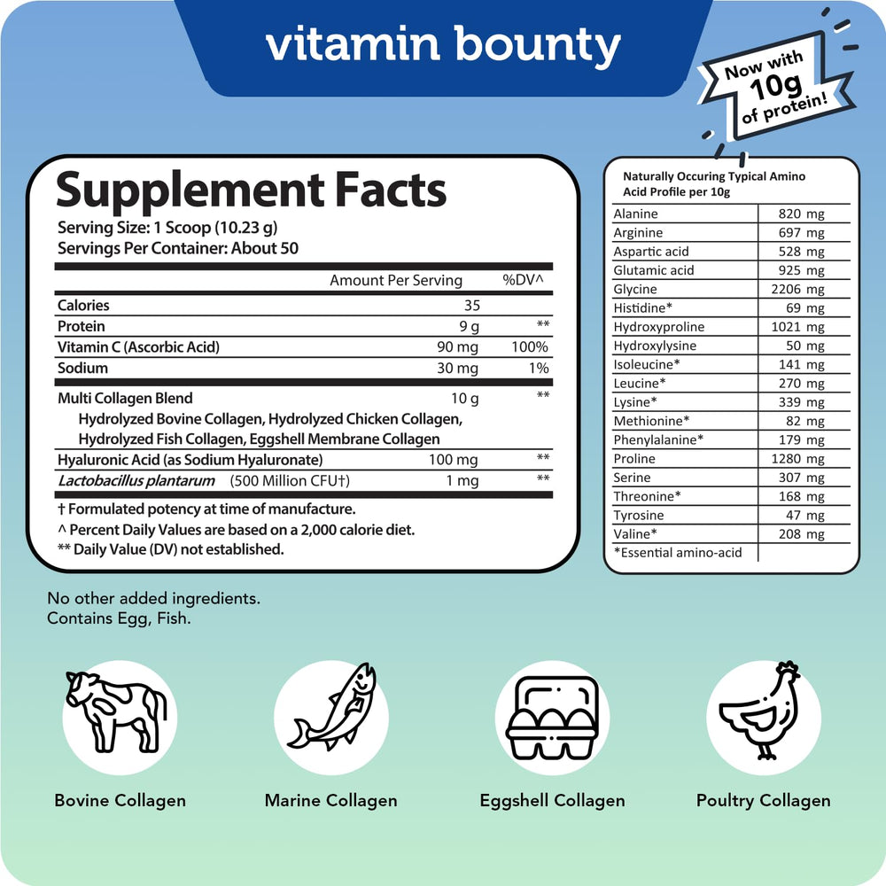 Vitamin Bounty Multi Collagen Powder serving scoop marks daily dose guide.
