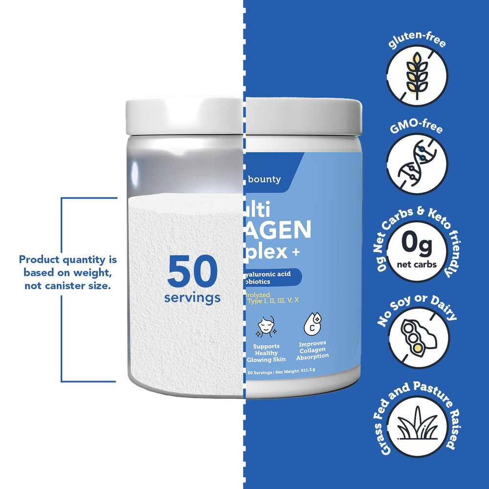 Vitamin Bounty Multi Collagen Powder label detail highlights probiotic enhanced formula.