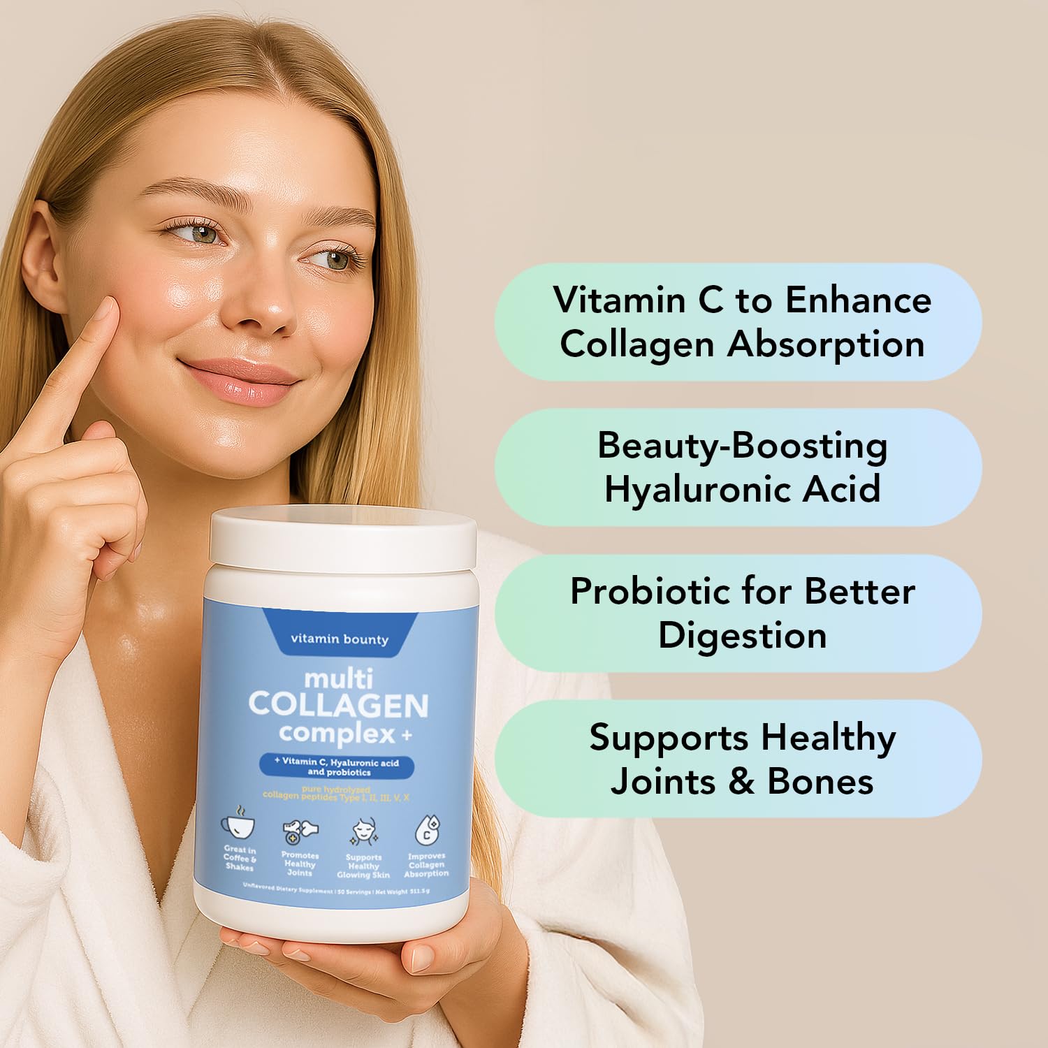 Vitamin Bounty Multi Collagen Powder scoop shows easy daily dosing for wellness.