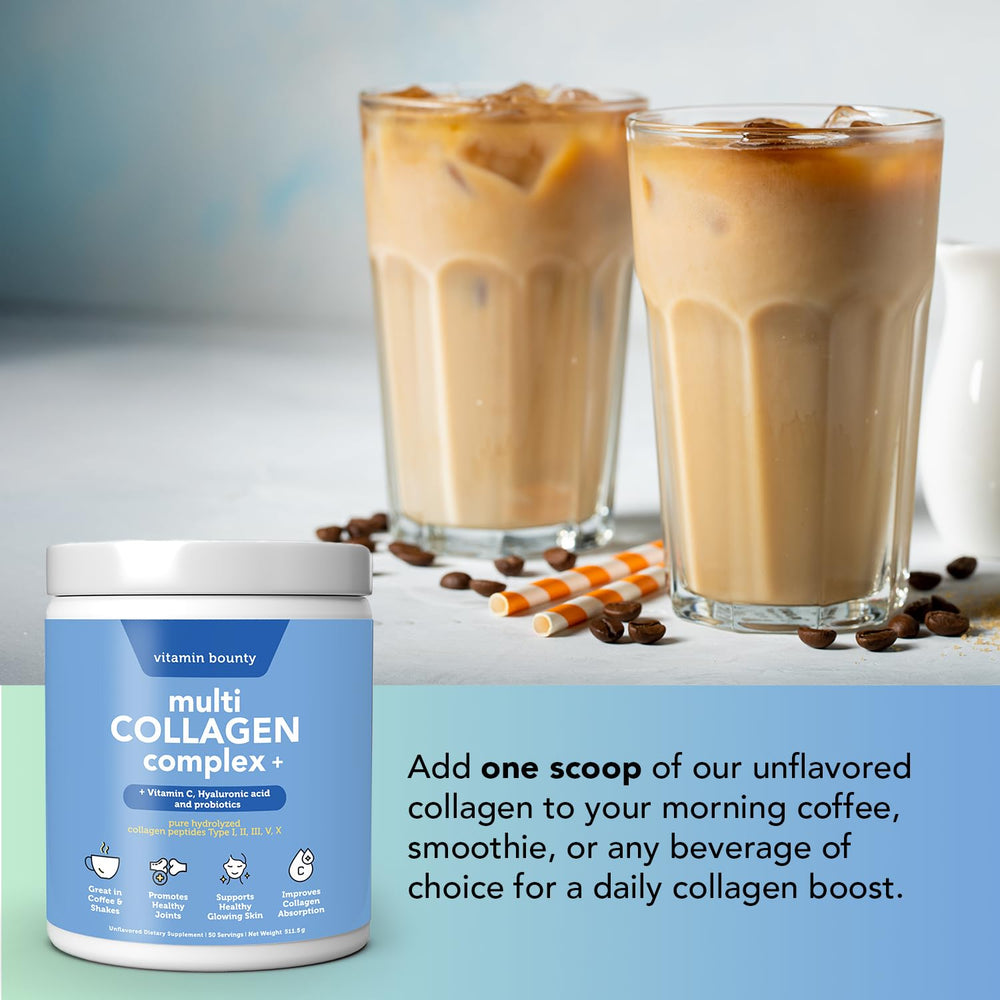 Vitamin Bounty Multi Collagen Powder in a smoothie illustrates seamless blending.