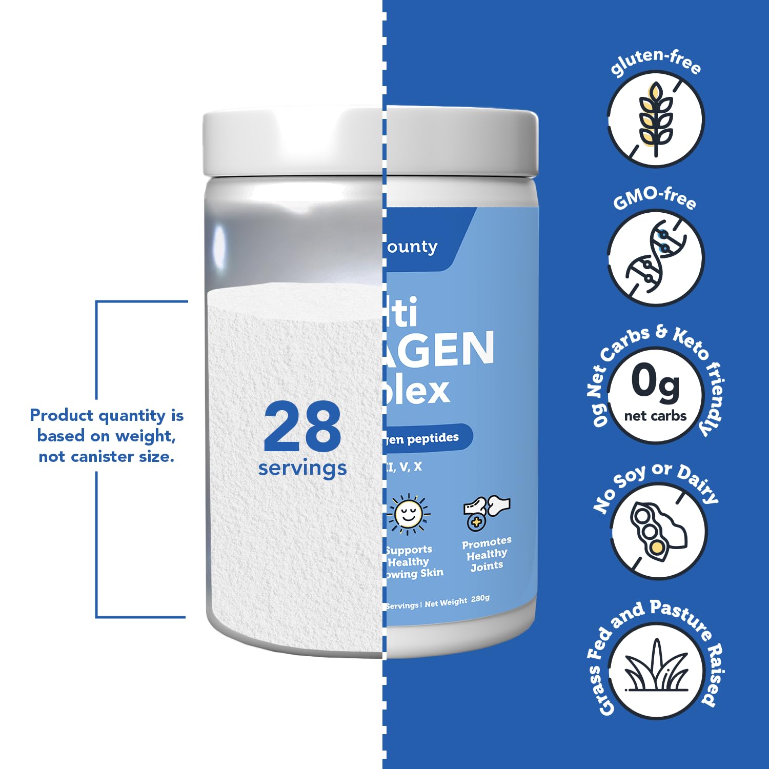 Vitamin Bounty Multi Collagen serving scoop beside the tub for dosing.
