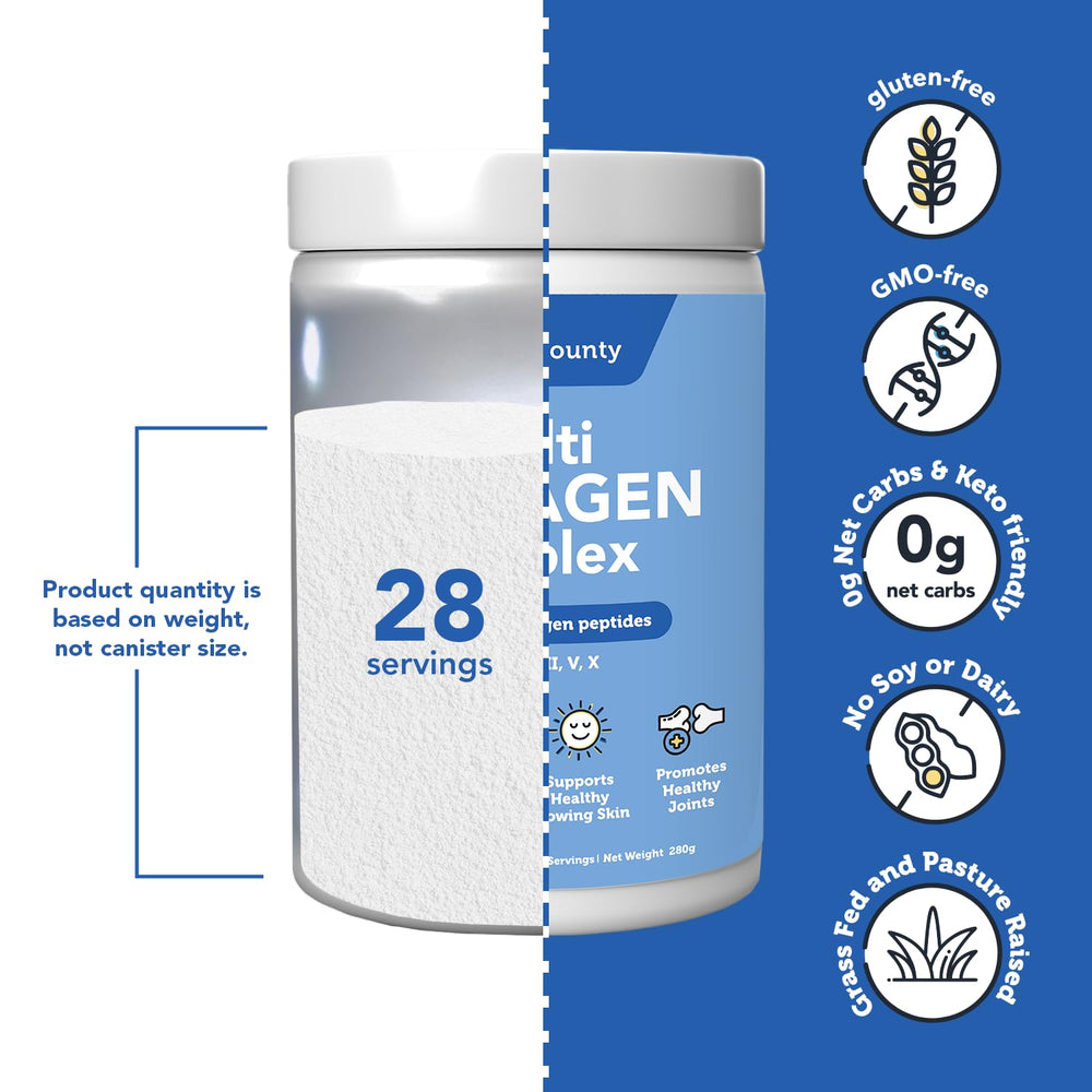 Vitamin Bounty Multi Collagen serving scoop beside the tub for dosing.