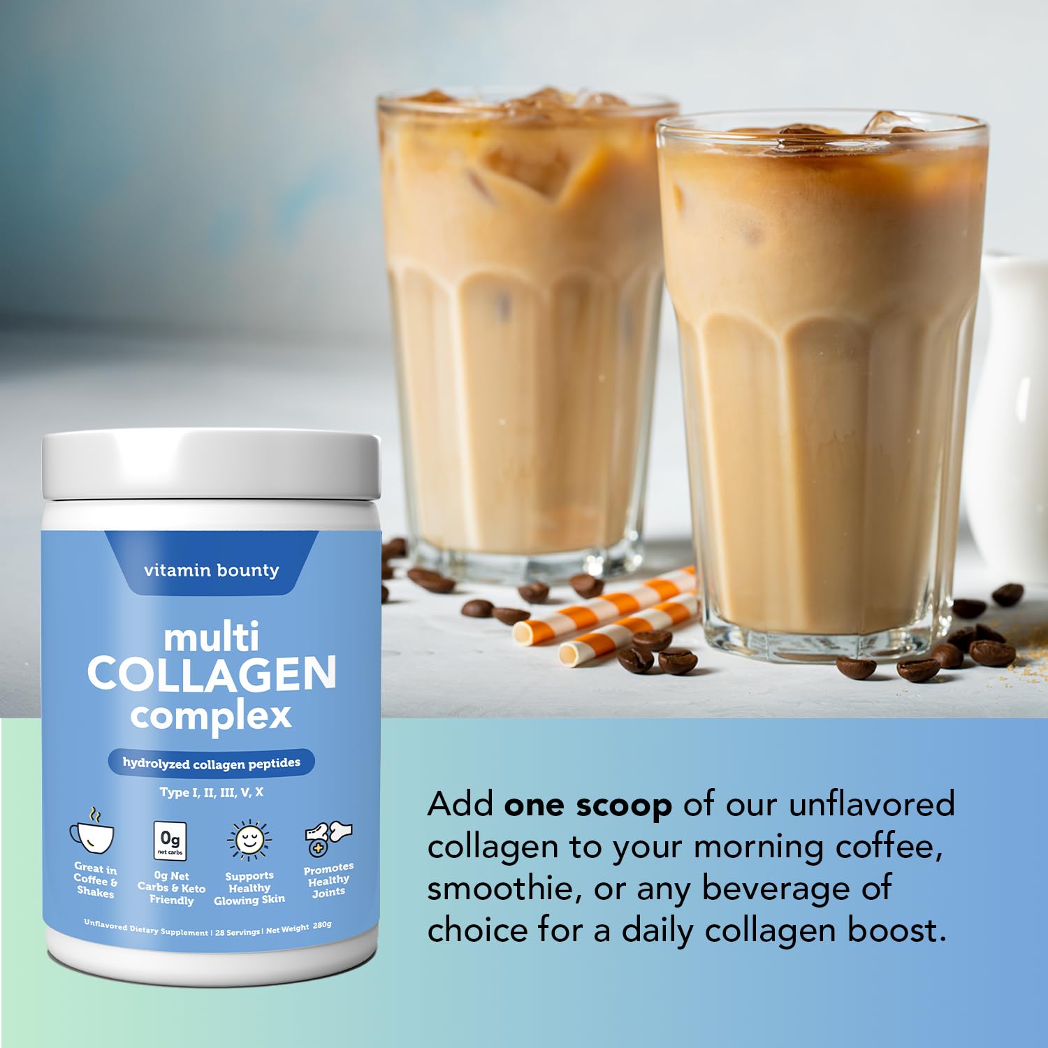 Vitamin Bounty Multi Collagen being whisked into a smoothie for convenient nutrition.