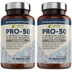 Vitamin Bounty Pro-50 probiotic bottle front supports gut balance and daily wellness.