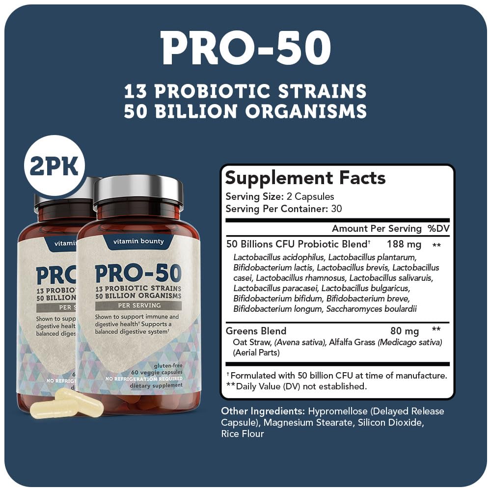 Vitamin Bounty Pro-50 probiotic bottle side label highlights 50B CFU and 13 strains.