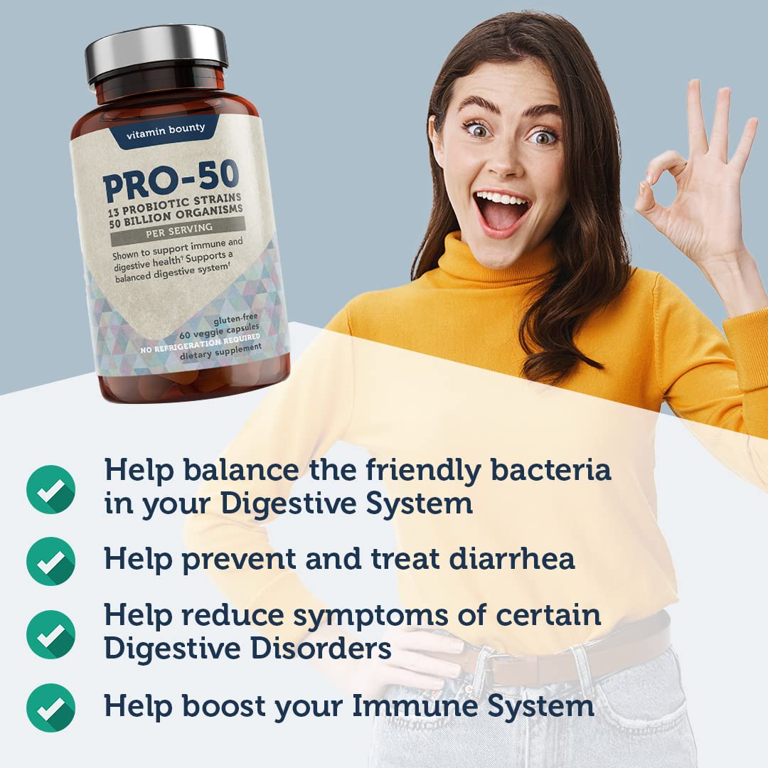 Close-up of Vitamin Bounty Pro-50 capsules showing delayed-release design.