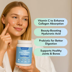 Vitamin Bounty scoop rests in collagen powder for quick beverage mixing.