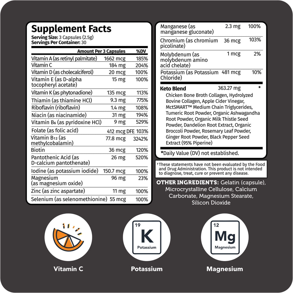 Close-up of Vitamin Bounty Tune Your Keto Multivitamin label showing minerals