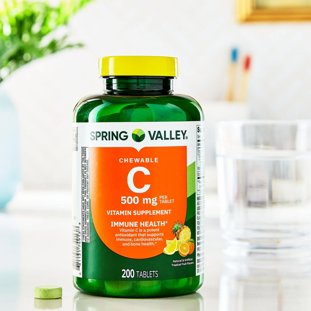 Vitamin C 500 mg chewables tropical flavor close-up showing texture and taste