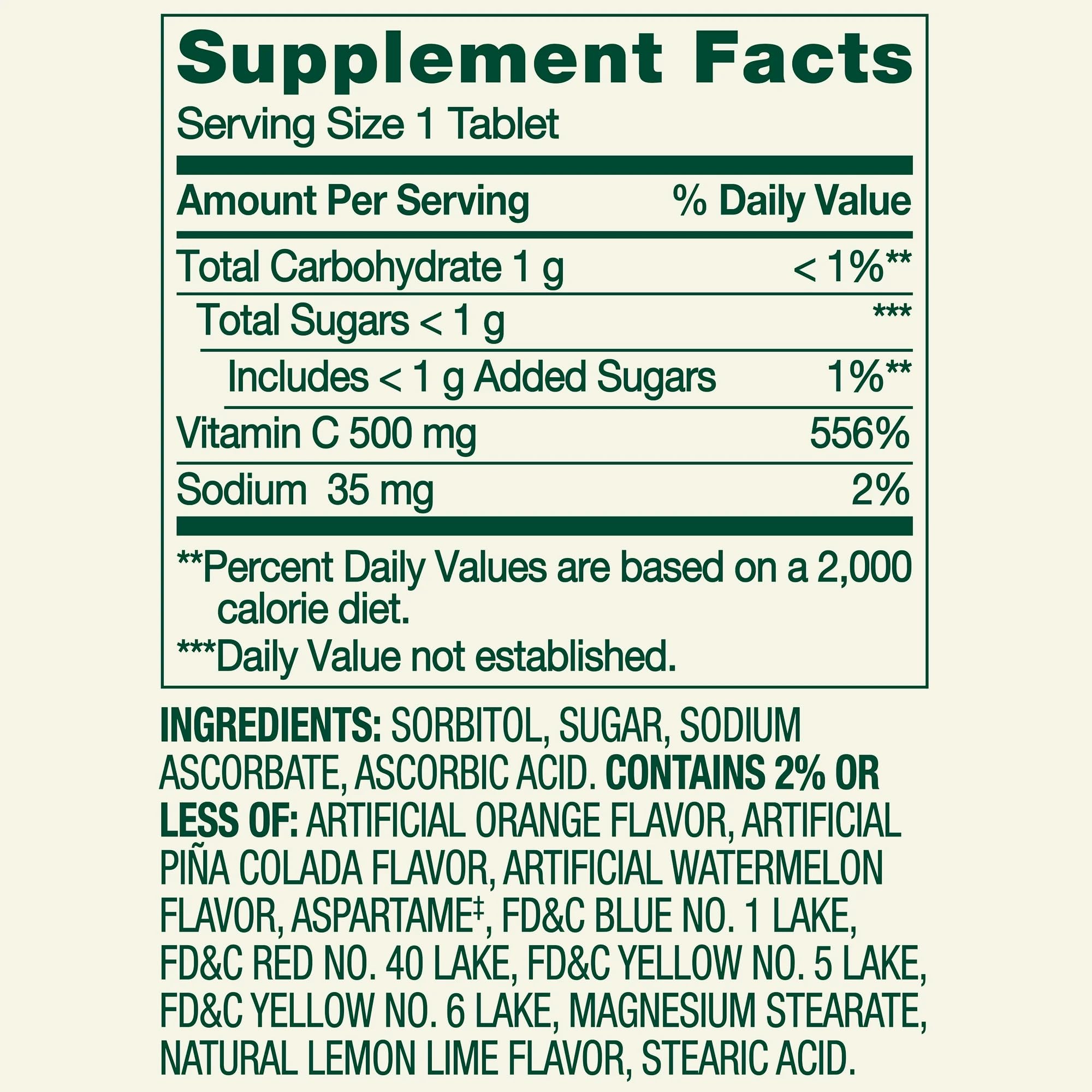 Close-up of Vitamin C 500 mg chewable tablet with tropical flavor