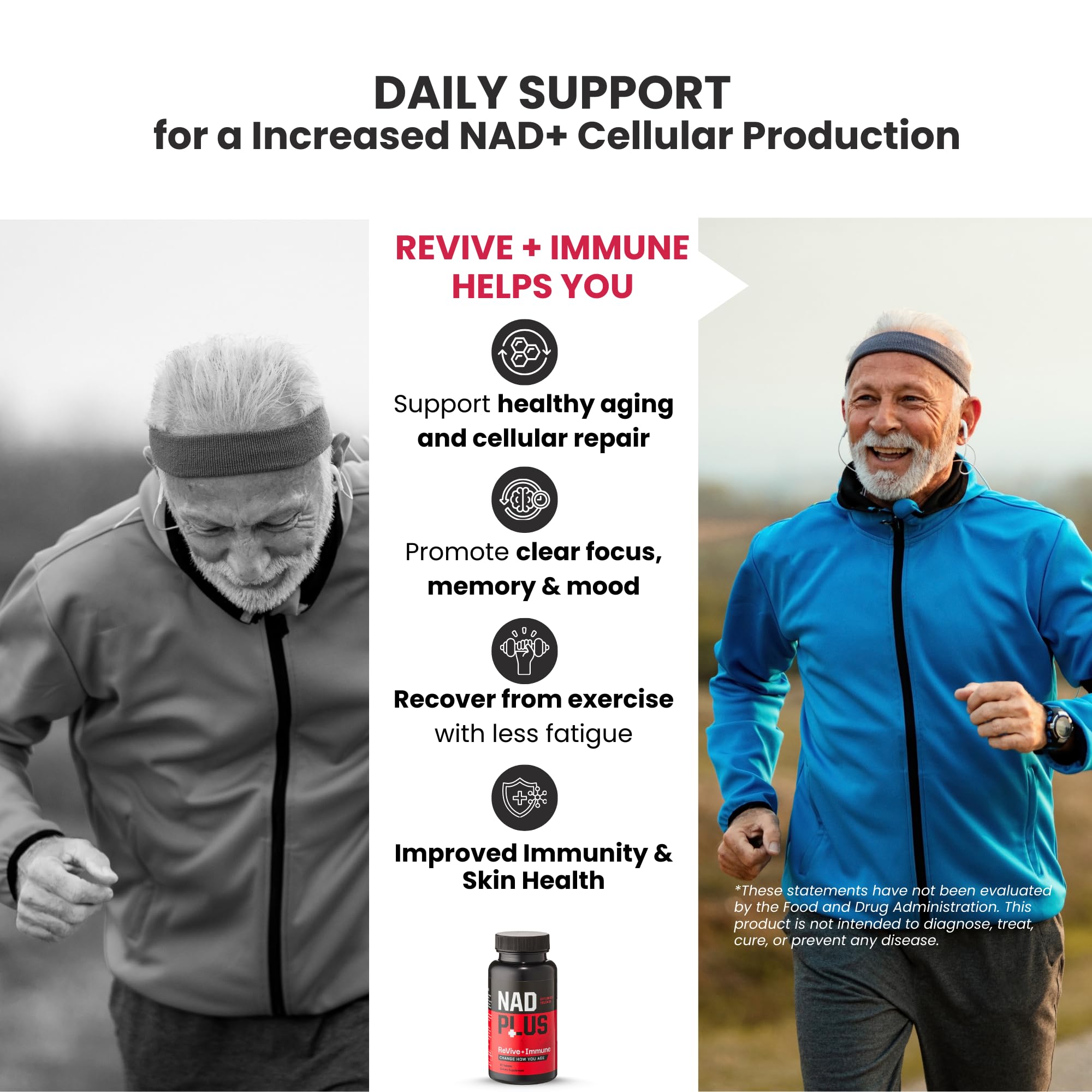 NAD Plus Revive+Immune with vitamin C conveys immune support benefits.