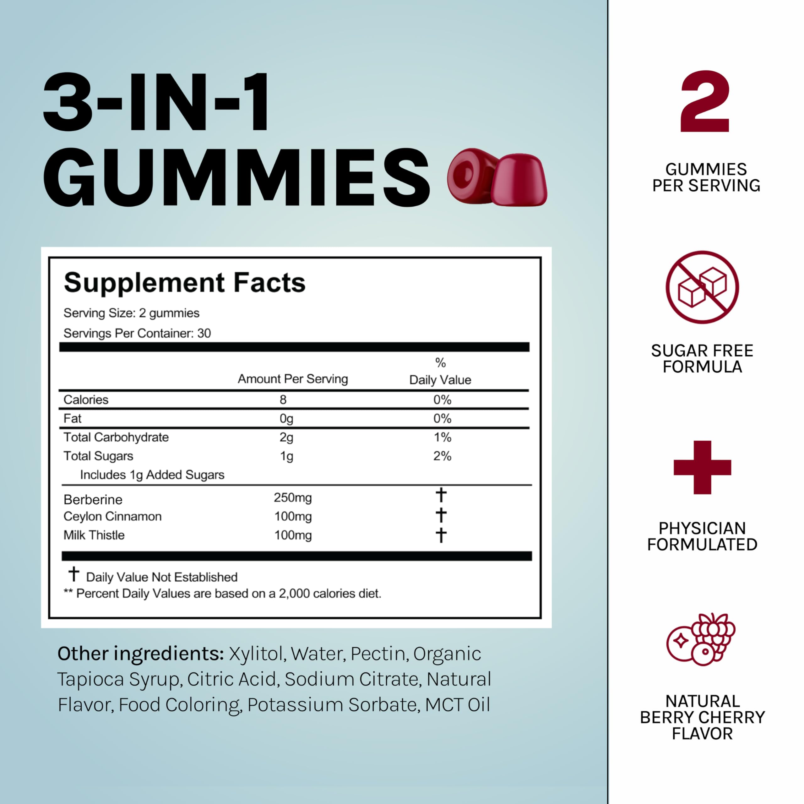 Vitamin Earth Berberine Gummies ingredient panel lists milk thistle and cinnamon.