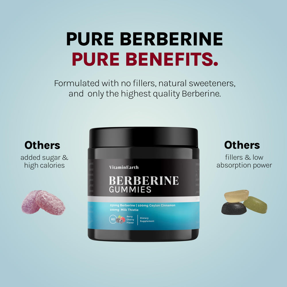 Vitamin Earth Berberine Gummies label highlights Berberine HCL and cinnamon blend.