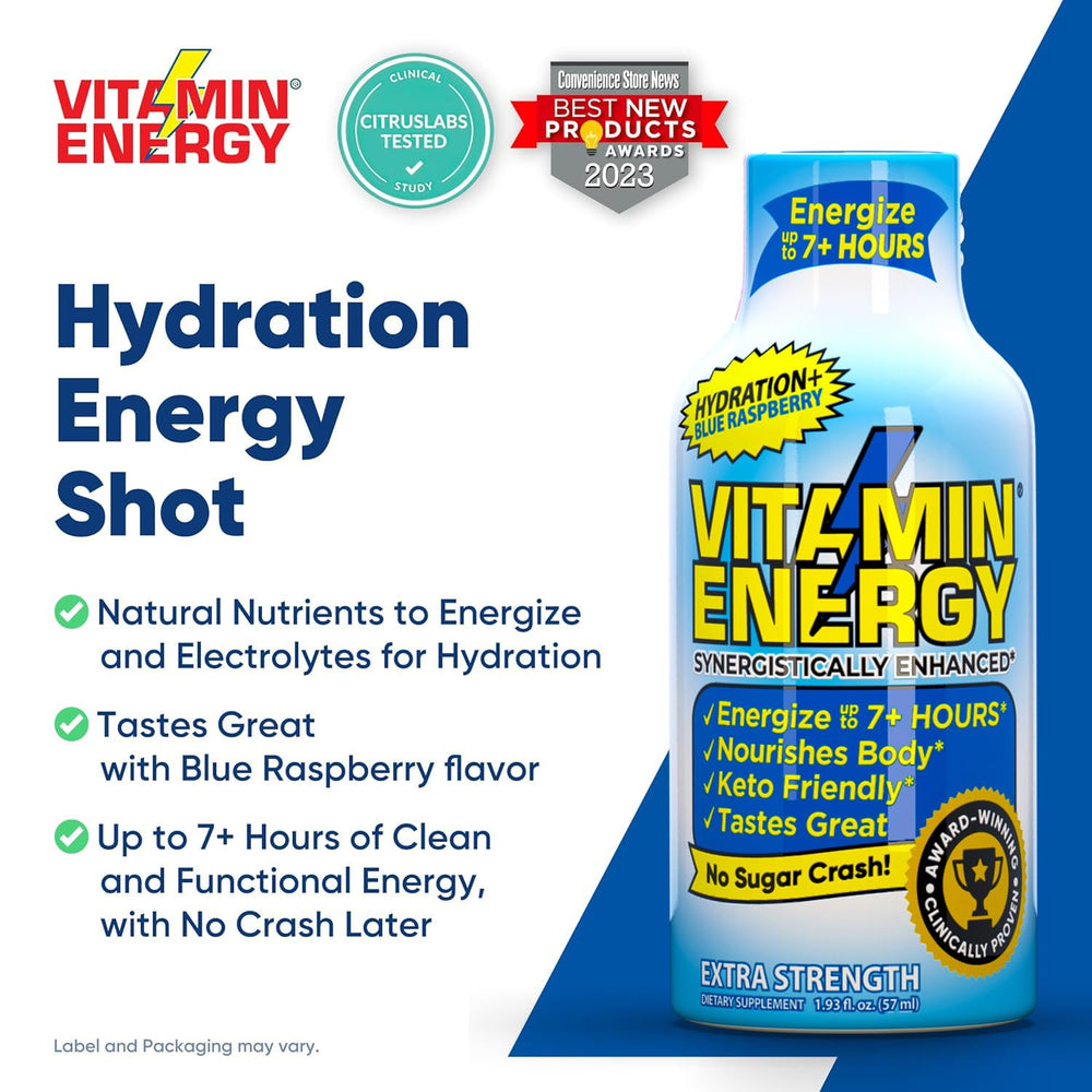 Vitamin Energy Adults Only reminder with recommended servings on label.