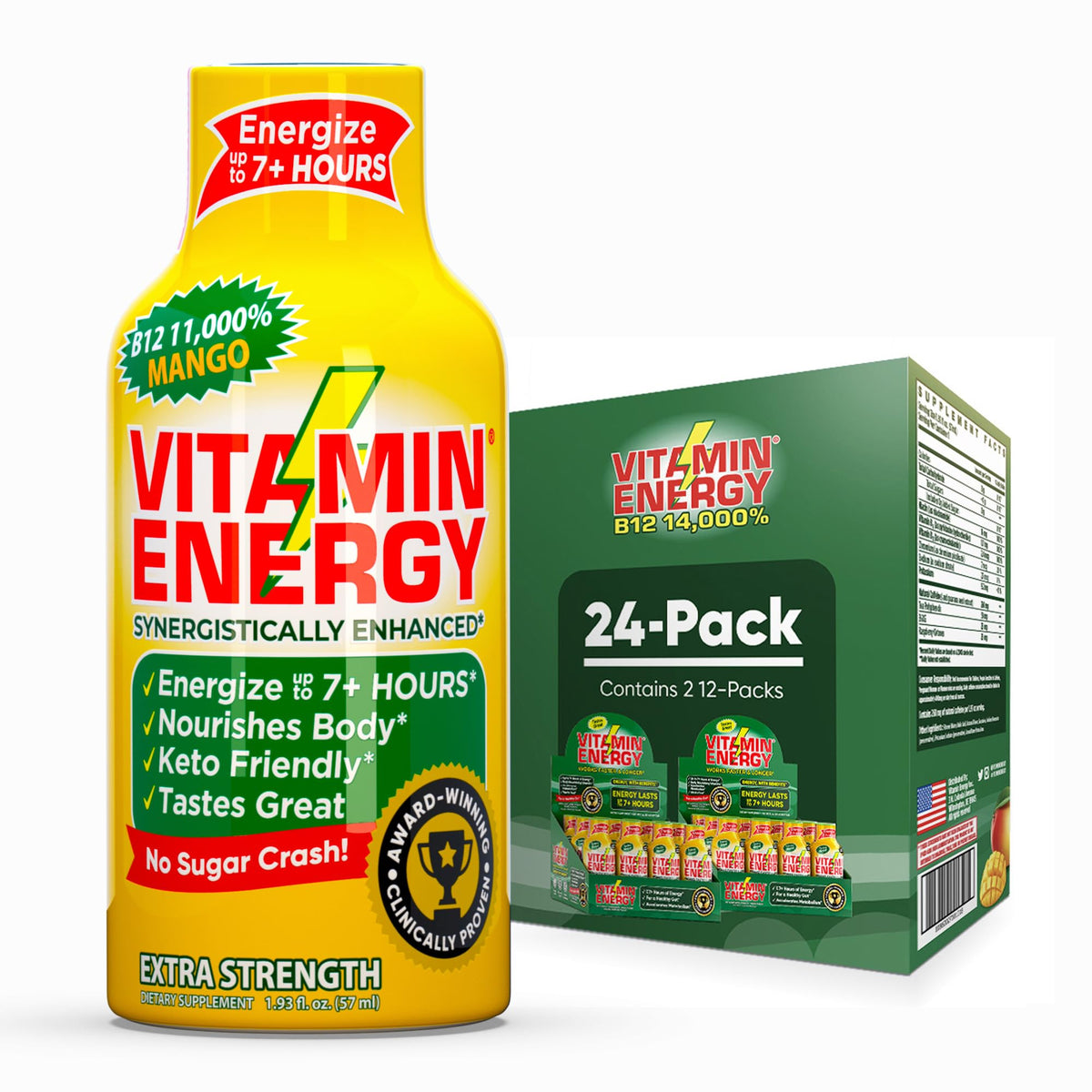 Vitamin Energy B12 mango shot 24-pack cover, signaling bold energy for busy days.