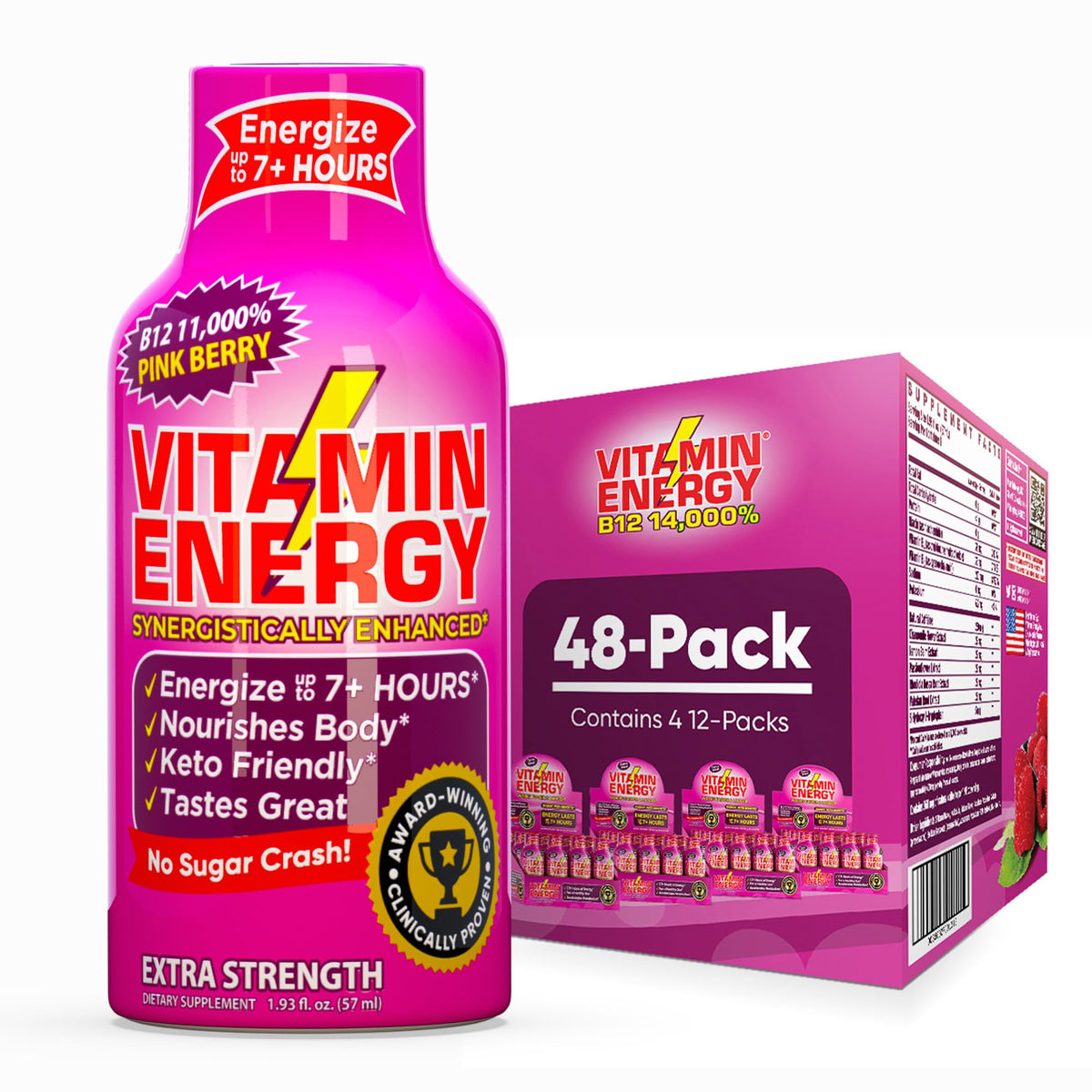Vitamin Energy B12 pink berry energy shot bottle for high-potency energy.
