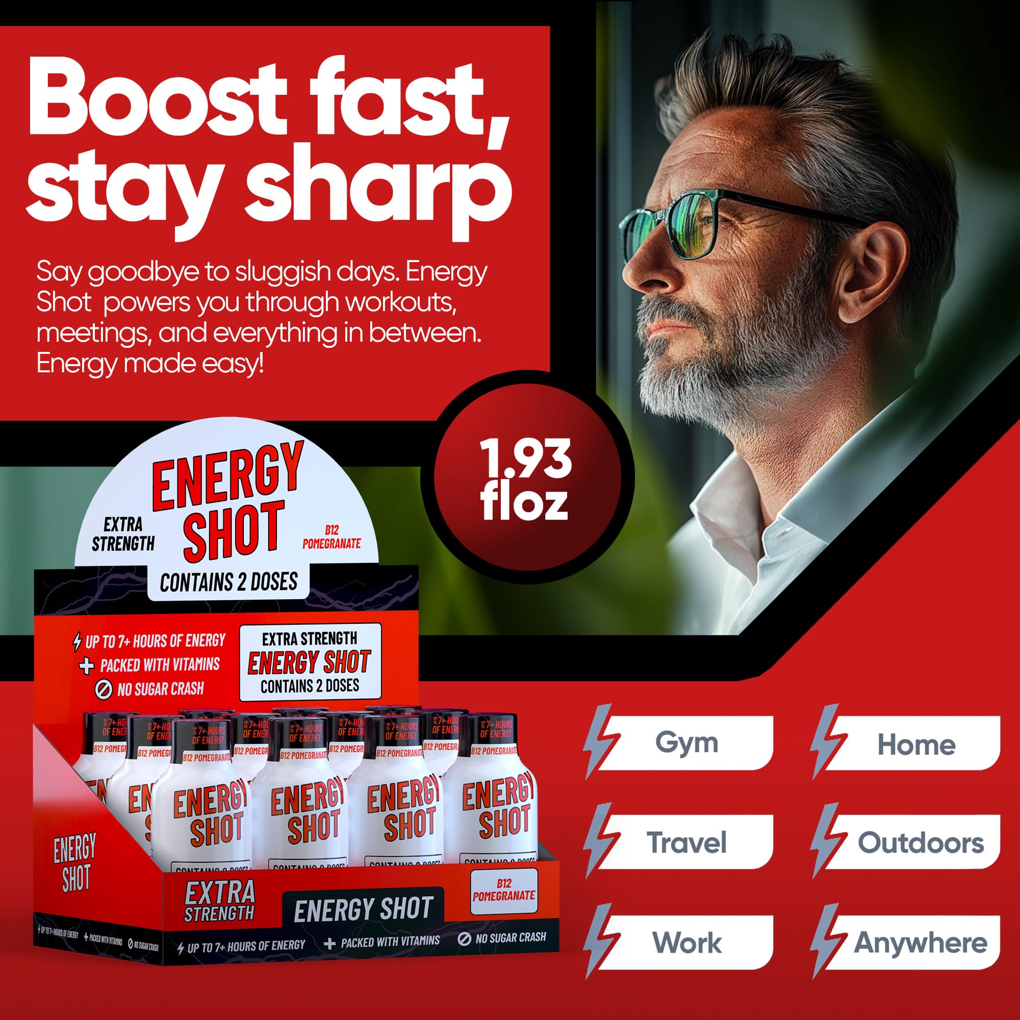 Label of Vitamin Energy B12 Acai Pomegranate Shot highlights caffeine and B-vitamin content.