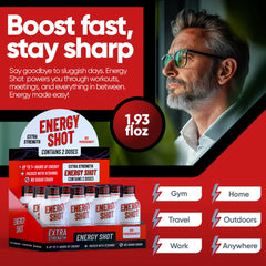 Label of Vitamin Energy B12 Acai Pomegranate Shot highlights caffeine and B-vitamin content.