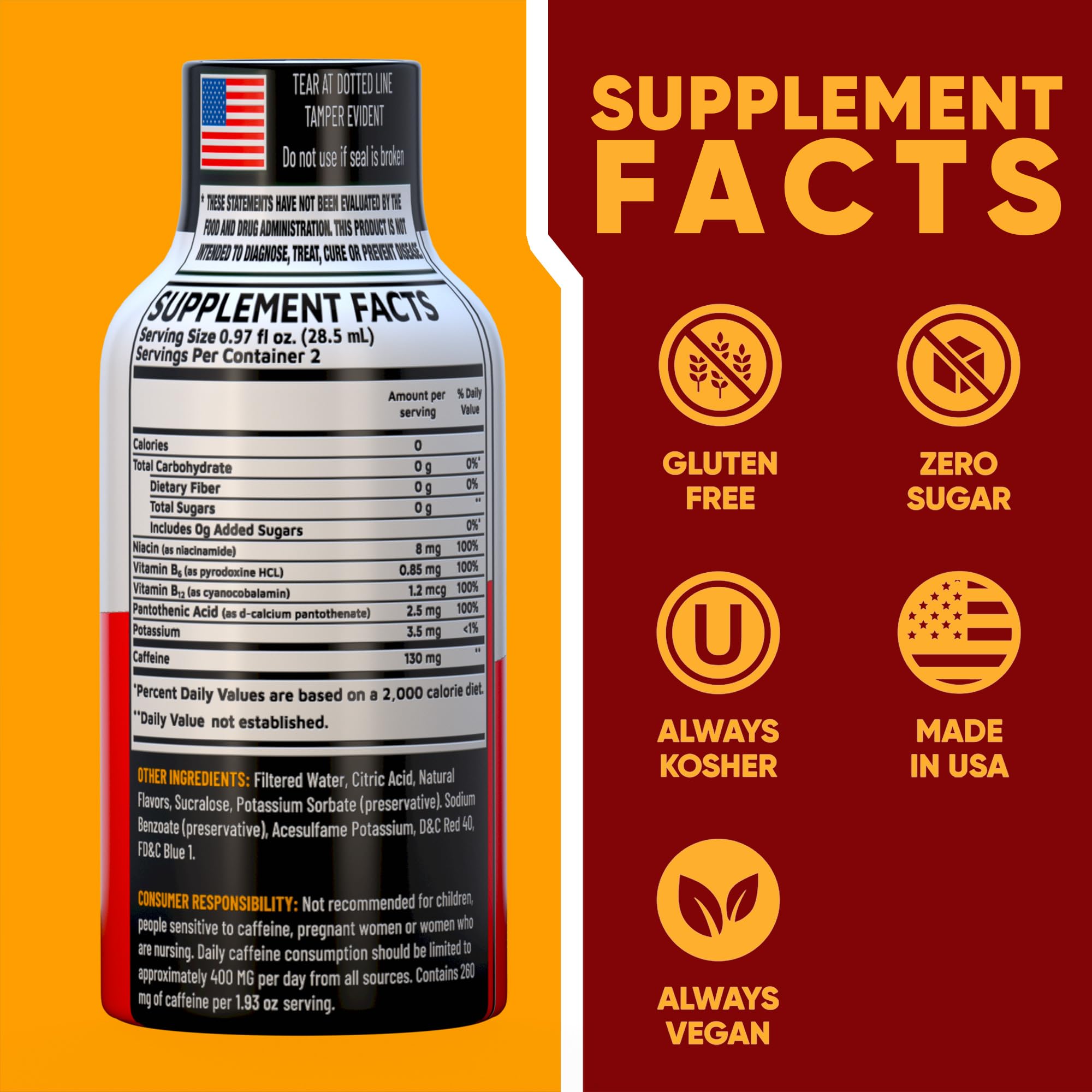 Pouring Vitamin Energy B12 Acai Pomegranate Shot showing quick consumption and zero sugar.