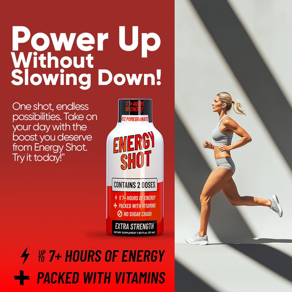 Serving Vitamin Energy B12 Acai Pomegranate Shot suggests on-the-go energy and focus support.