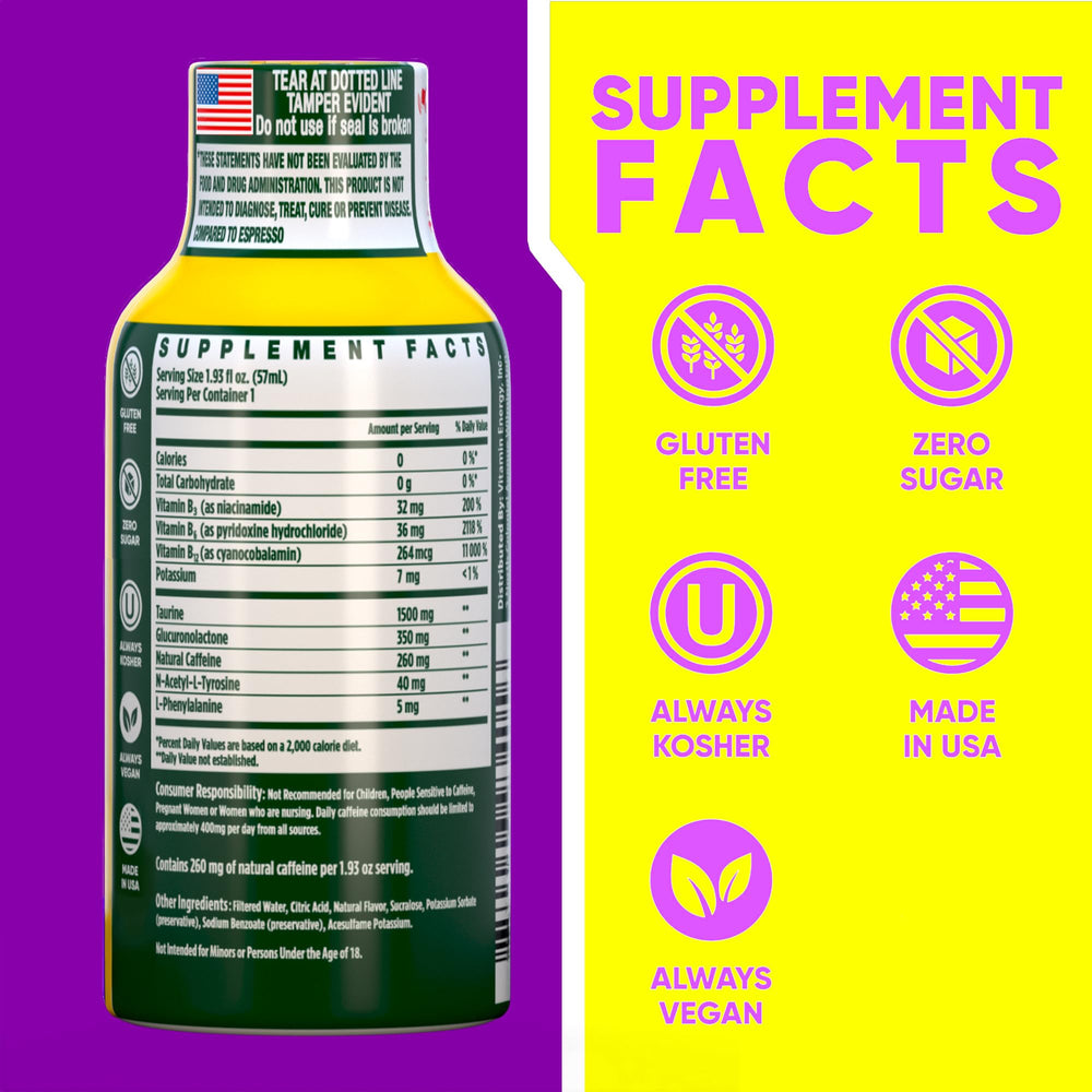 Vitamin Energy B12 mango shot bottle front view promoting sustained energy.