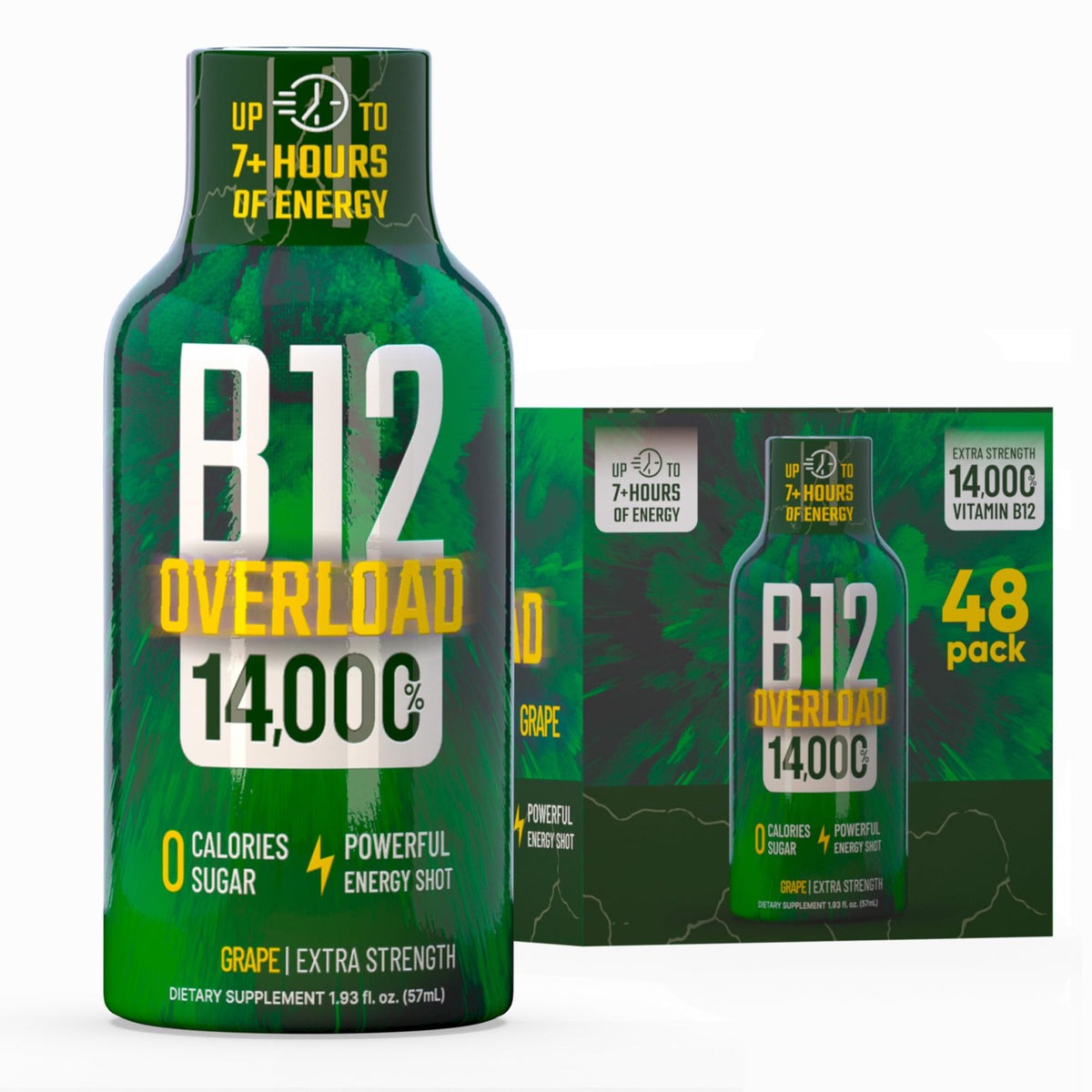 Vitamin Energy B12 Overload grape bottle front shows the energy-boosting shot.